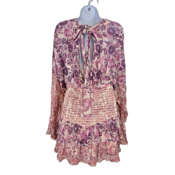 Hemant & Nandita Suki Mini Dress Floral Embroidered Smock Waist White Pink L NWT - Picture 3 of 15